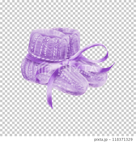 A pair of knitted socks in purple color hand knitted with needles and purple silk ribbon in a bow. Baby booties for newborn baby's feet. Hand drawn watercolor clip art on transparent background 118371329