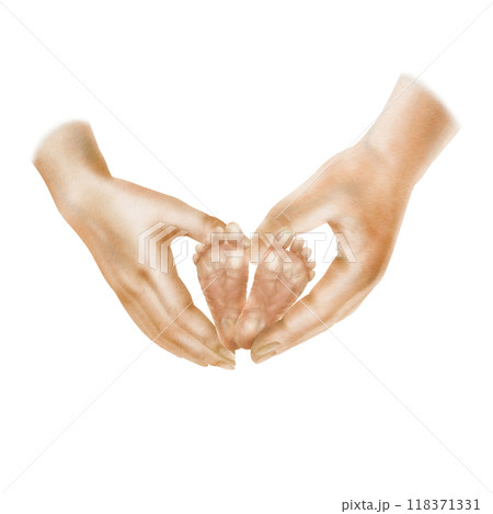 Male and female hands in heart shape holding legs of newborn baby as a symbol of unity, family, love and tenderness. Hand drawn watercolor clipart on transparent background in soft colors 118371331