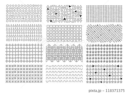 Abstract geometric doodle elements vector set. Hand drawn line patterns featuring rows of circles, triangles, squares, stars and crosses. Perfect for backgrounds, textures and minimalistic designs 118371375