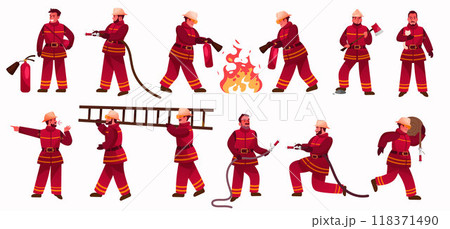 Fire fighters. Fireman extinguishing flame. Emergency service. Firefighters carry water hose. Rescue from ignition. Character in uniform. Blaze protection. Vector extinguisher poses set 118371490