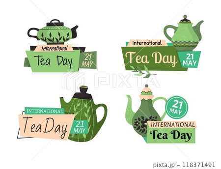International tea day. Card or poster design. Emblem or label. Kitchen pottery tableware. Postcard design, cozy porcelain for hot drinks, home kitchenware cartoon flat style isolated illustration set. International tea day. Card or poster design. Emblem or label. Kitchen pottery tableware. Postcard design, cozy porcelain for hot drinks, home kitchenware cartoon flat style isolated illustration set. 118371491