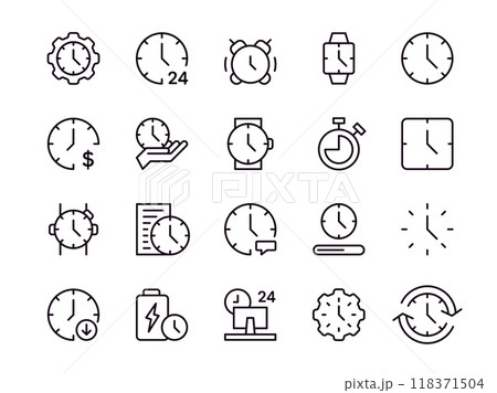Time icons. Hour clock. Alarm watch line symbol. Date calendar. Timer dial. Stopwatch and hourglass. Fast speed. Minutes countdown. Wristwatch battery. Vector chronometer pictograms set 118371504
