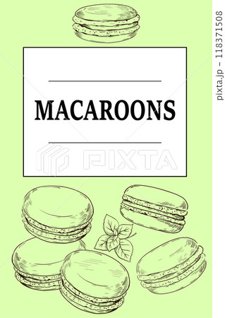 Cafe poster. Sweet macaroon. Sketch food. Dessert pastry. Delicious mint biscuits. Engraving confectionery sticker. French cookies drawing. Cakes label. Vector restaurant banner design 118371508