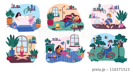 Woman hobby. Home relax. Cosmetic beauty routine. Yoga meditating. Dog walking. Girl riding bicycle in park. Female relaxation. Person bathing and playing guitar. Vector cartoon set 118371523