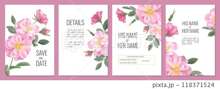 Flower cards. Wedding invitation. Pink flowers. Marriage celebration event. Spring bouquet. Pastel lily. Magnolia blossoms. Rosehip branch. Anniversary date. Vector holiday banners set 118371524
