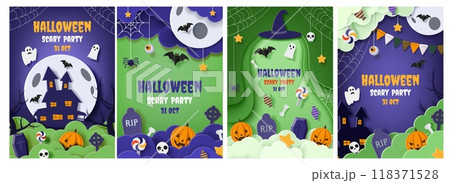 Halloween background. Autumn party poster. Pumpkin and witch house. Cemetery gravestones. Happy ghosts. 3D origami design. Skeleton skulls. Trick or treat. Vector invitation flyers set 118371528