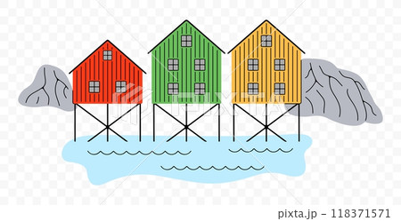 Norwegian fishing village on stilts, graphic design. Houses on stilts, rocks, sea and nature, vector design and illustration 118371571