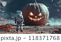 Lone astronaut stands in front of big scary jack pumpkin, one spaceman on deserted planet on Halloween. Concept of surreal, space, horror, man, holiday, world. 118371768