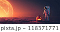 Spaceman and scary jack pumpkin on deserted planet, funny astronaut celebrates Halloween holiday. Concept of surreal, space, man, background, movie, world 118371771