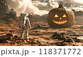 Spaceman stands in front of big scary jack pumpkin, funny astronaut explores deserted planet on Halloween holiday. Concept of fantasy, surreal, space, man, movie, world 118371772