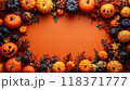 Frame of pumpkins, berries and autumn leaves on orange background, flat lay, top view. Concept of Halloween, october, food, holiday 118371777