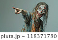 Zombie woman pointing finger to side, shocked female living dead on studio background. Concept of Halloween, shopping, sale, portrait, people, showing 118371780