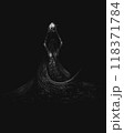 Witch with skull, dark horror illustration, Girl with long beautiful hair holds skull above head, theme book character	 118371784