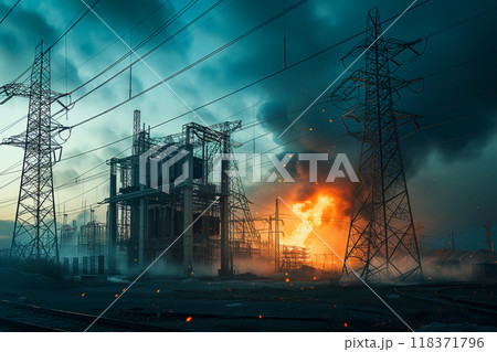 Result of terrorist attack was explosion of an electric power substation, which started fire, destroying everything Generative AI 118371796