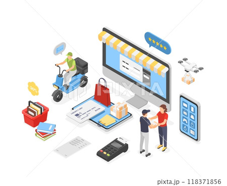 Isometric 3d online shopping. Delivery and order goods in mobile application, digital payment. Electronic pay, modern purchase flawless vector scene Isometric 3d online shopping. Delivery and order goods in mobile application, digital payment. Electronic pay, modern purchase flawless vector scene 118371856