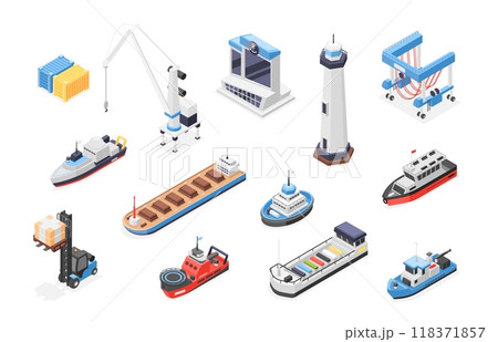 Isometric seaport elements. Industrial marine port 3d icons. Vessels ships lighthouse cargo containers. Sea transportation flawless vector set 118371857