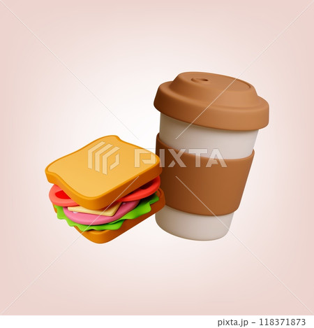 Take away coffee and sandwich. 3d food icons, tasty burger with cheese sausage and vegetables. Hot drink in to go mug, realistic vector elements 118371873