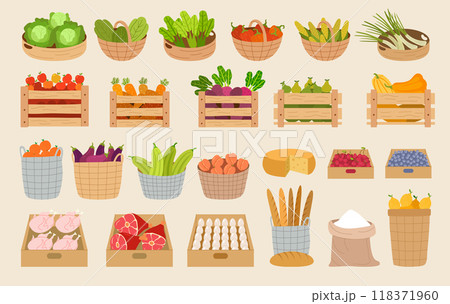 Farm products. Eco natural healthy food planting on farm fruits vegetables milk meat recent vector products in basket Farm products. Eco natural healthy food planting on farm fruits vegetables milk meat recent vector products in basket 118371960