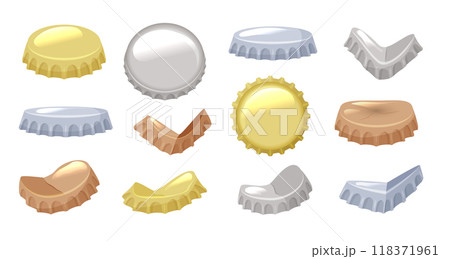 Bottle caps. Different views of damaged metal round caps from drinks recent vector illustrations set isolated on white Bottle caps. Different views of damaged metal round caps from drinks recent vector illustrations set isolated on white 118371961