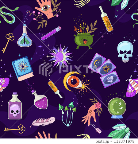 witchcraft pattern. fantasy items for witches cartoon seamless background 118371979
