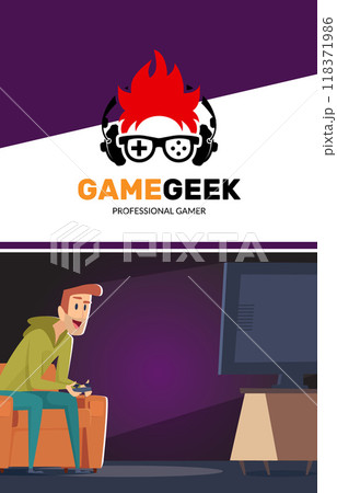 gamer. design poster for geek gamers playing on console games sitting on sofa and holding gamepad controller gamer. design poster for geek gamers playing on console games sitting on sofa and holding gamepad controller 118371986
