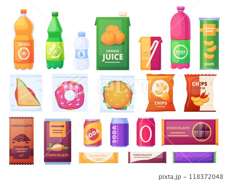 Cartoon vending products. Chocolate and cereal bars, drinks in cans and bottles, snack in plastic packs. Sandwich burger donut, fast food nowaday vector set 118372048