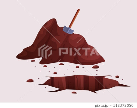 Dig holes. Shovel in soil pile near big pit in ground. Archeology searching treasures, excavation or planting in garden, nowaday vector scene Dig holes. Shovel in soil pile near big pit in ground. Archeology searching treasures, excavation or planting in garden, nowaday vector scene 118372050