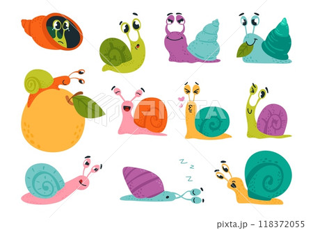 Funny snail. Cartoon snails laugh crying eating sleeping and loving. Shell insects, forest or garden creatures, childish mascots classy vector set 118372055