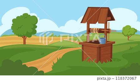 Water well landscape. Village or countryside with drinking spring wooden design. Green fields and hills, cartoon valley nowaday vector scene 118372067