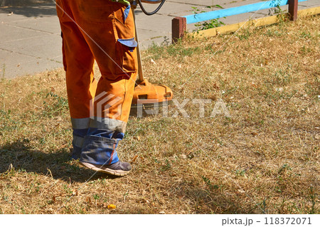 Professional grass cutting on lawns with a mini handle lawn mower 118372071