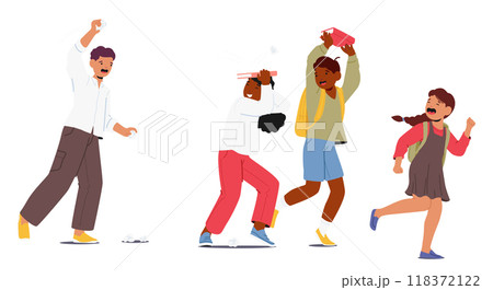 Schoolchildren Enjoy A Playful Break. Laughter Fills The Air As Friends Chase Each Other With Energy And Joy 118372122