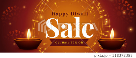 happy diwali celebration sale banner with diya and firework 118372385