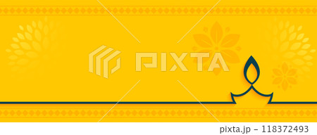 shubh deepavali yellow banner with text space and diya 118372493