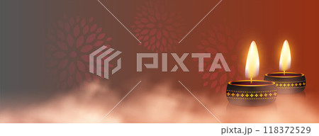 happy diwali banner with copy space and smoke effect design 118372529
