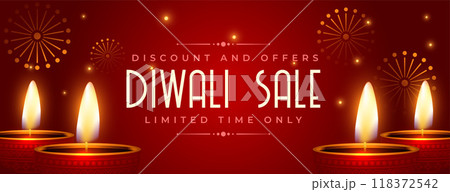 nice happy diwali festival sale banner with burning diya vector 118372542