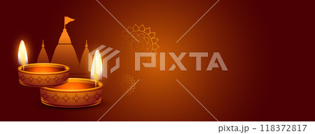 elegant hindu festival banner with 3d oil diya and temple design 118372817
