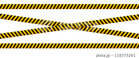 Horizontal and crossed caution tapes with black and yellow slashes print. Warning barricades in road work zone, construction area or criminal scene. Warn, hazard or stop signs. Vector illustration Horizontal and crossed caution tapes with black and yellow slashes print. Warning barricades in road work zone, construction area or criminal scene. Warn, hazard or stop signs. Vector illustration 118373261