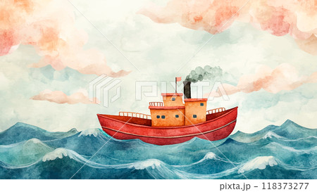 Little Steamboat Floating On Waves Watercolor Illustration For Childrens Book Adorable Steamboat Character Playful Water Scene Colorful Waves Whimsical Kids Storybook Charming 118373277