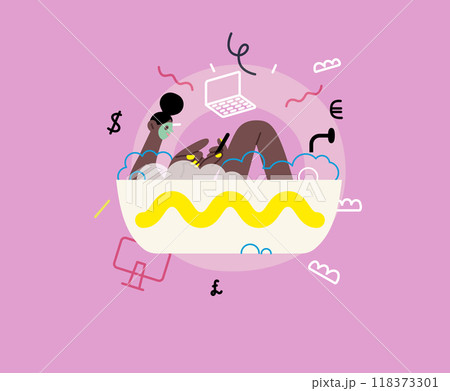 Creative workspace, modern flat vector concept illustration of a woman working sitting with a computer in a bath tube Remote work, flexibility, independence, efficiency, mobility, synergy, freedom 118373301