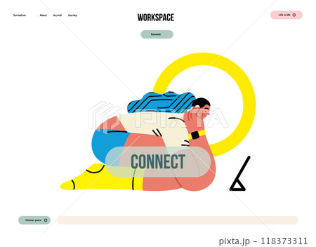 Creative workspace, modern flat vector concept illustration of a woman working sitting with a computer Remote work, flexibility, independence, efficiency, mobility, synergy, freedom 118373311