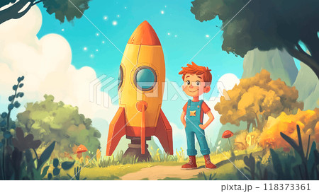 Boy In Denim Overalls Standing Next To Space Rocket Made Of Cardboard Cartoon Illustration For Childrens Book Adorable Character Space Adventure Imaginative Play Kids Storybook 118373361