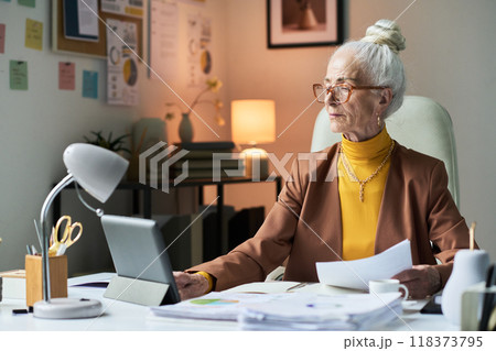 Portrait of Elderly Woman Working in Modern Office Setting 118373795