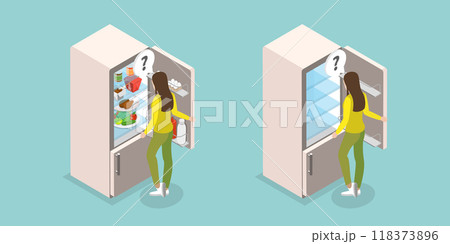 3D Isometric Flat Vector Illustration of Full And Empty Refrigerator, Kitchen Furniture and Elements 118373896