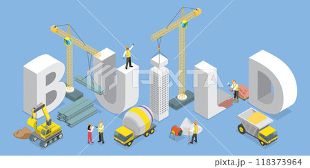 3D Isometric Flat Vector Illustration of Building, Costruction Site and Work Process 118373964