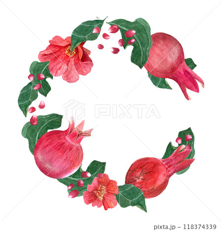 Pomegranate fruits, flowers, seeds and leafs watercolor wreath isolated on white. The hand-painted high quality vibrant art is ideal for botanical prints, cards, floral tea packages, posters and 118374339