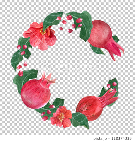 Pomegranate fruits, flowers, seeds and leafs watercolor wreath isolated on white. The hand-painted high quality vibrant art is ideal for botanical prints, cards, floral tea packages, posters and 118374339