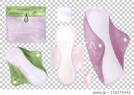 Period pads with a case purple-green, cotton pad watercolor set, menstrual protection items isolated on white. Ideal for ads, packaging, blogs about sustainable lifestyle and choices of a modern women 118374342