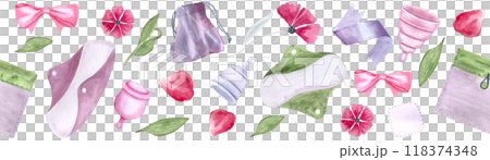 A menstrual cup, a period pad, a fabric pouch ribbons petals watercolor seamless border isolated on white. Great for eco-friendly menstrual care design, packaging, websites, tape Sustainable lifestyle 118374348