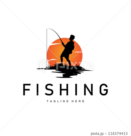 fishing logo black silhouette angler design and outdoor sunset fishing logo black silhouette angler design and outdoor sunset 118374413