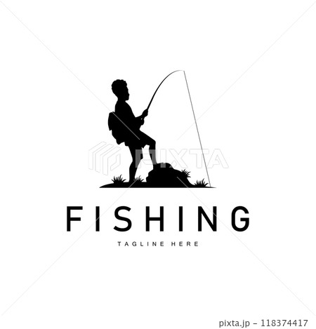 fishing logo black silhouette angler design and outdoor sunset 118374417
